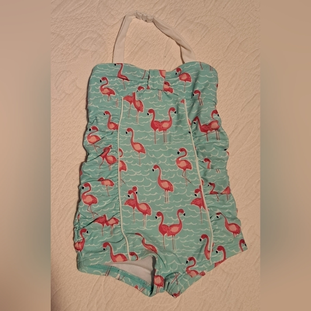 Janie and Jack girls size 12-18 1 piece flamingo ruched swim suit